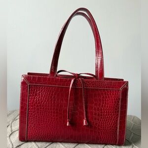 VTG Liz Claiborne Burgundy Dark Red Faux Leather Gator Crocodile Handbag Tote M